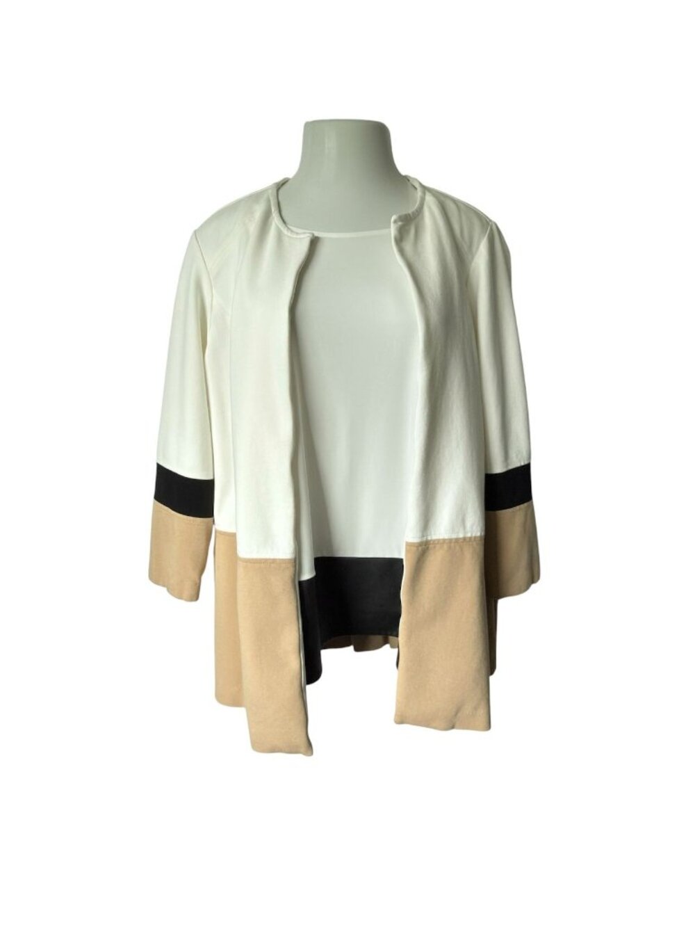 Chicos Size 3 2-Piece Jacket & Blouse Color Block White Tan Black Faux Leather T